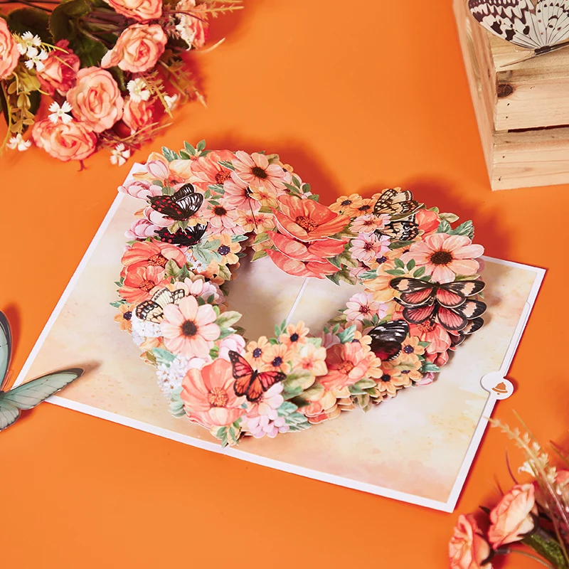 3D-Grußkarte mit orangefarbenem Blumenkranz – das perfekte Geschenk für Familie, Freunde und Liebhaber.