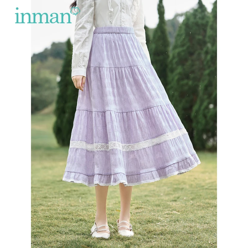 

INMAN Women Skirt 2023 Spring Elastic Waist A-shaped Loose Pleated Stacking Hollow Lace Ruffle Edge Purple White Plaid Dress