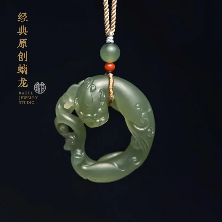 Natural hetian green jade pendant hollow hand carved jade dragon pendants women men jadeite jade necklace  jewelry