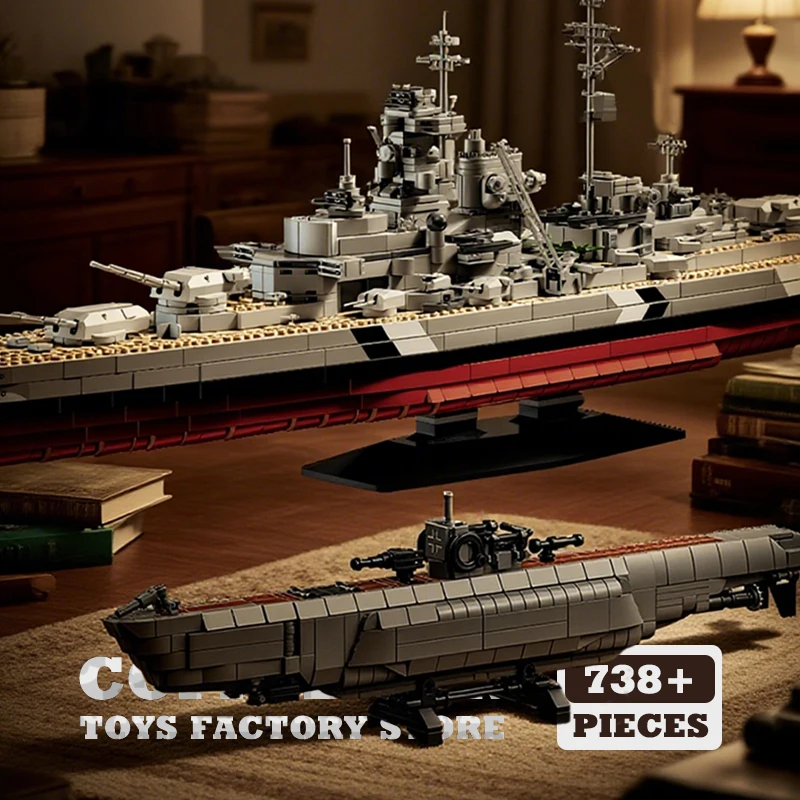 WW2 Navy Warship MOC Bricks Puzzle Toys Submarine Building Blocks With Base German Battleship Ship 3D Model Adult Birthday Gifts