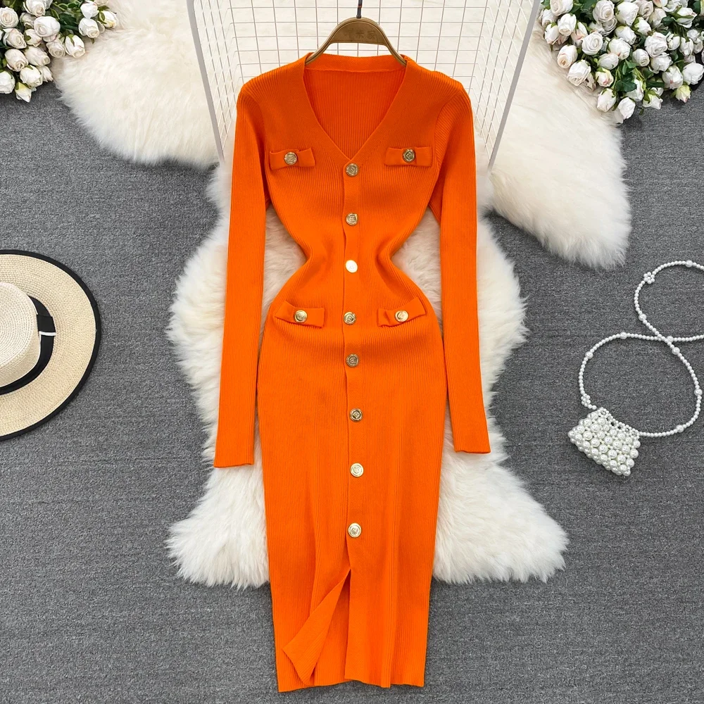 섹시한 분할 v-목 긴 소매 Bodycon 복장 세련된 우아한 저녁 파티 프랑스 패션 니트 Vestidos 여성 가을 연필 드레스