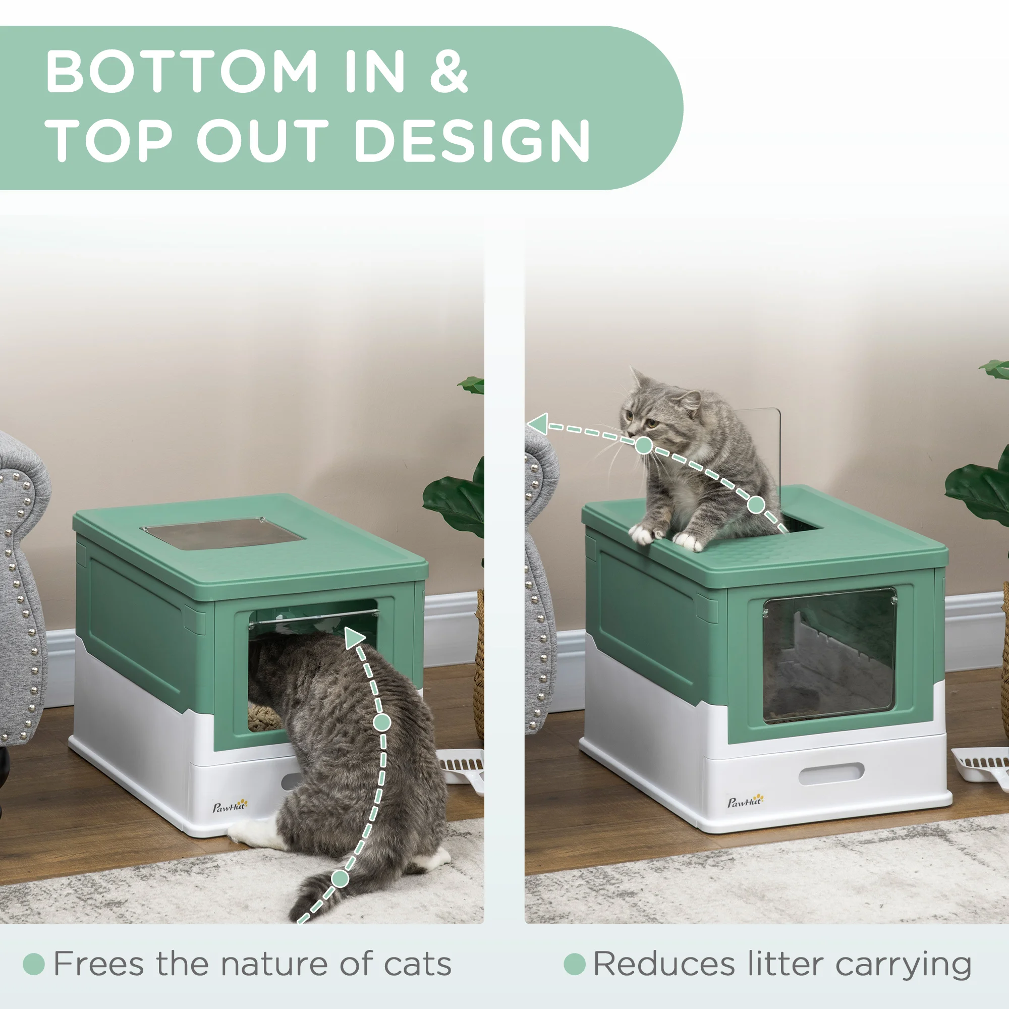 PawHut Fully Enclosed Cat Litter Box with Scoop, Hooded Cat Litter House with Drawer Type Tray, Foldable Smell Proof Cat Potty w