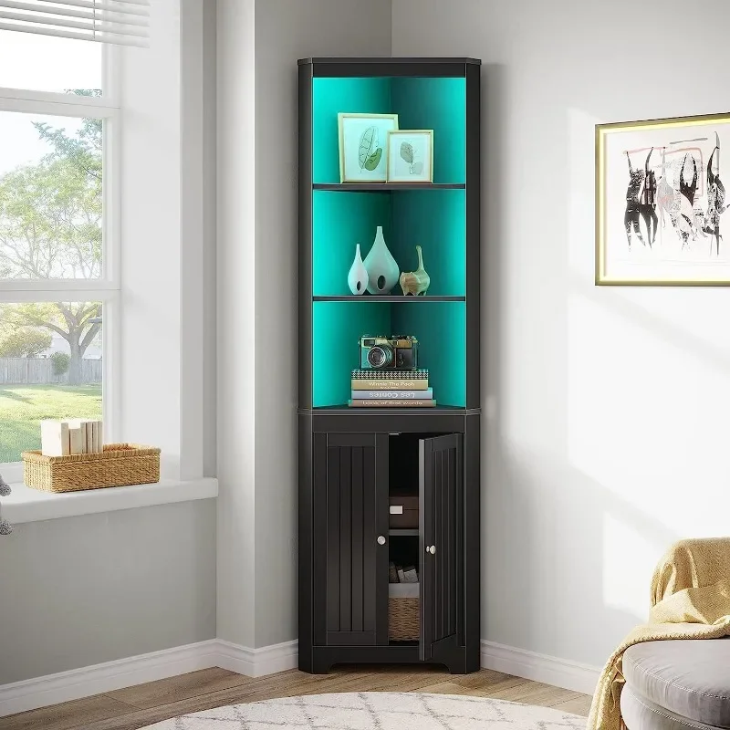 

Shelf with LED Light, Black Corner Cabinet, 5-Tier Storage Cabinet with Doors, Tall Corner Bookshelf Corner Stand