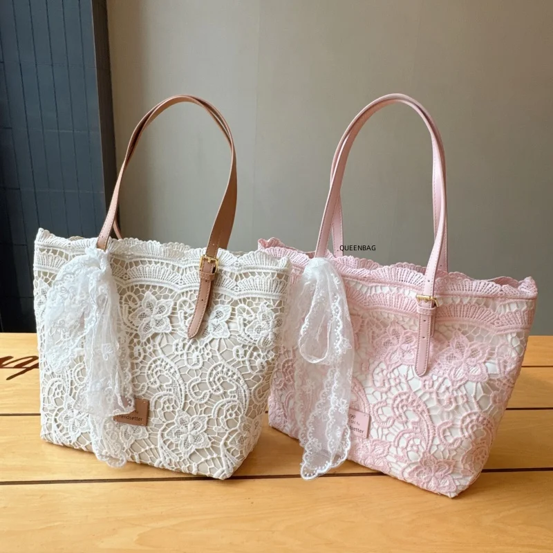 NOVEDAD DE VERANO 2021, bolso de mano de encaje de gran capacidad, bolso de mano tejido con lazo de encaje para mujer, mochila de moda para vacaciones en la playa para niña