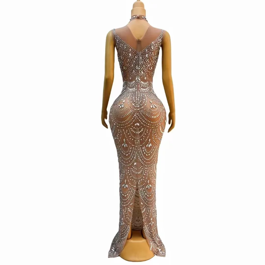 Silver Rhinestones Transparent High Collar Dress Singer Performance Photoshoot Dress Birthday Celebrate Evening Stretch Costume