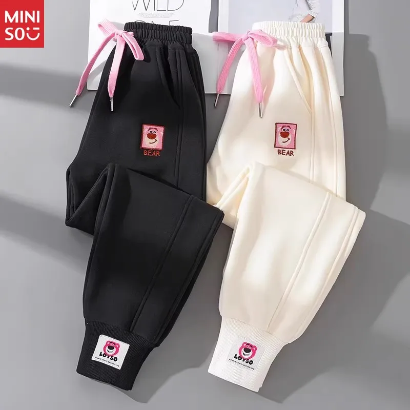 ركض مطبوع عليه دب للفتيات من مينيسو |   سروال مبطن بالصوف لطيف للأطفال والمراهقين، ملابس كاجوال