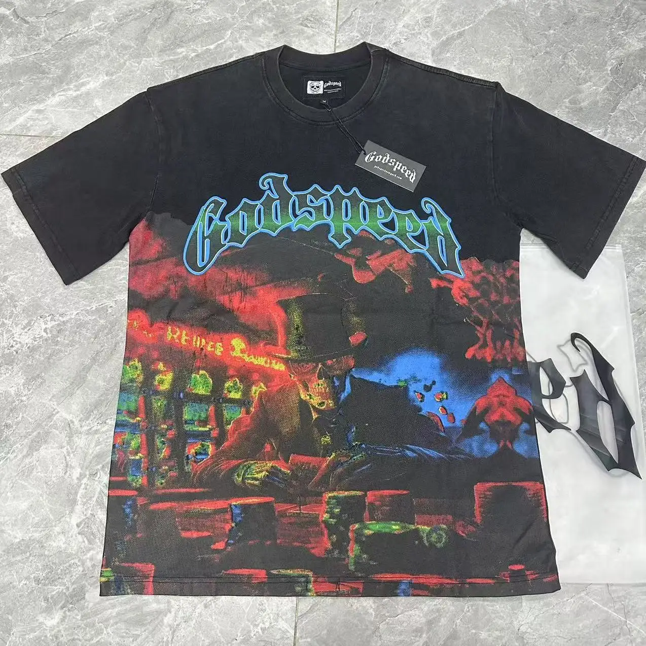 Godspeed American Trendy Brand Skeleton Man Print INS Retro Washed High Street Pure Cotton Short Sleeve T-Shirt Top
