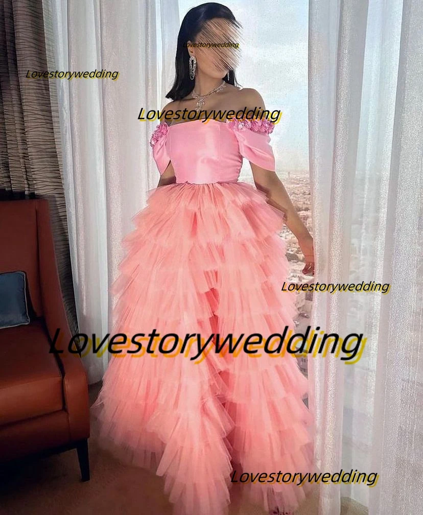 

Lovestory Tiered Tulle Long Prom Dresses Flowers Off Shoulder Strapless Vestidos Party Evening Gowns Lace Up Back Formal Dress