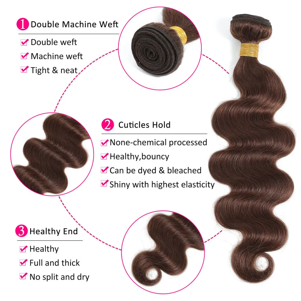 Gelombang tubuh rambut manusia penutupan bundel coklat #4 Brasil Virgin 100% rambut manusia tidak diproses kain ganda ekstensi kepala penuh tenun