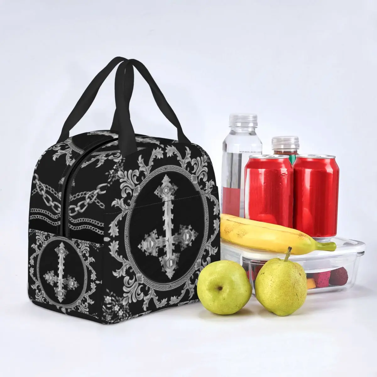 Borse per il pranzo isolate con Design anticcristo barocco per la scuola di lavoro Goth Gothic Art Resuable Cooler Thermal Lunch Box donna bambini