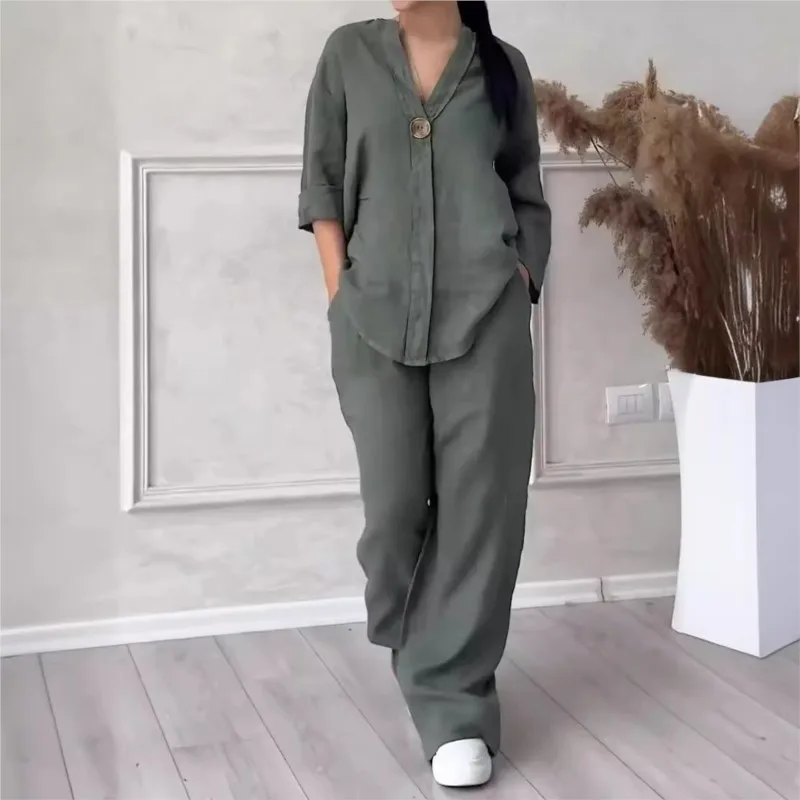 2024 New Women\'s 2-piece Cotton And Linen Shirt Wide-leg Trousers Two-piece Casual Suit High-waisted Loose Trousers