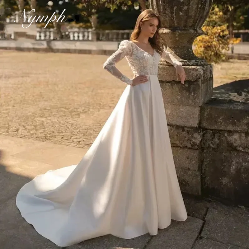 

Свадебные платья нимфа с v-образным вырезом и длинными рукавами, свадебное платье трапециевидной формы, платье невесты, свадебное платье принцессы по индивидуальному заказу, Vestidos de novia
