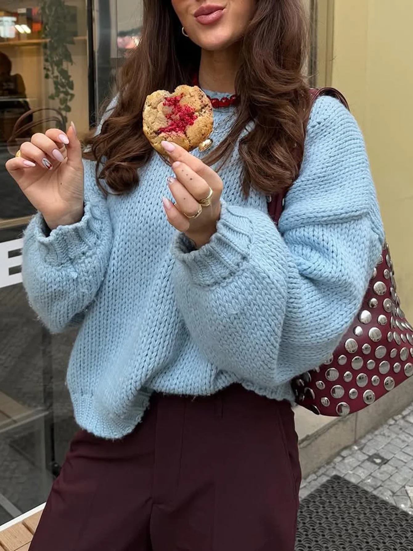 

Ladies' fashionable, casual, simple and versatile round neck long sleeved sweater with lining for autumn and winter collection