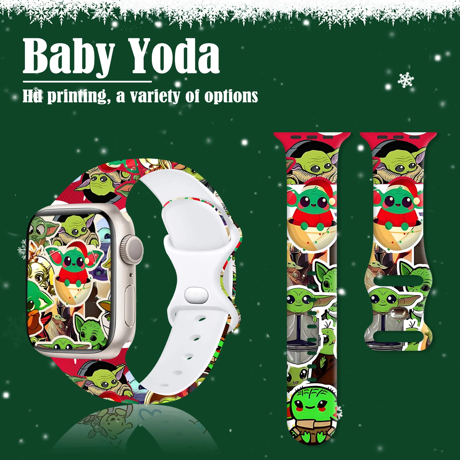 Pulseira de silicone de Natal Disney Yoda para Apple Watch, faixa impressa, pulseira substituível para iWatch, 9, 8, 7, SE, 6, 45mm, 44mm, 42mm, 40mm