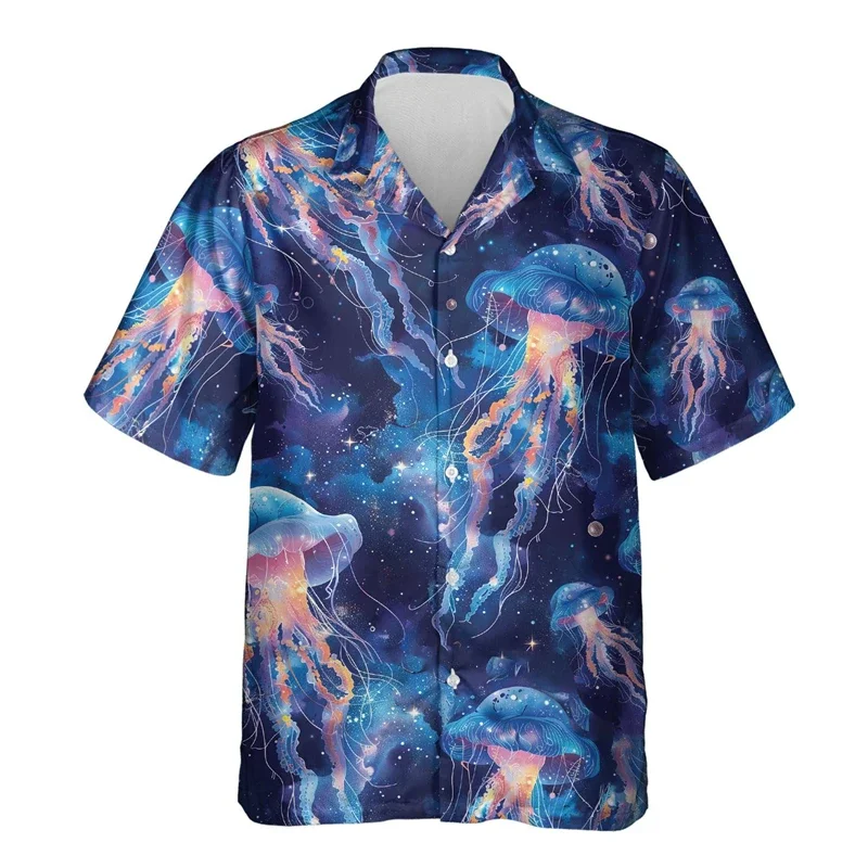 Neon Jellyfish Pattern Beach Shirt, Beautiful3D Printed Shirt, Men's Clothing, Casual Women's Lapel Shirt, Cute Training Clothes