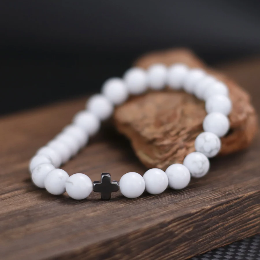 أنيق الرجال الملابس والاكسسوارات سوار عيون النمر الطبيعي الهيماتيت Howlite حجر الصليب الخرز سوار أوم الديكور اليومي #4