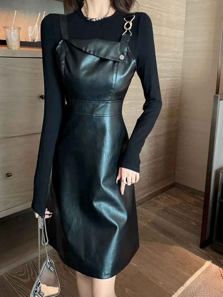 

Women Two Piece Set Ins Chic Autumn Fashion Black Long Sleeve Knit Sweater Top and Spaghetti Strap PU Leather Mini Dress Suits