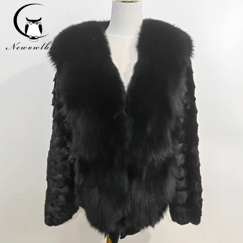 New Women Winter 100% mink Fur Warm Coat Full fox fur placket Fashion Short Pluffy Fur Jacket Femme black Real fur coat