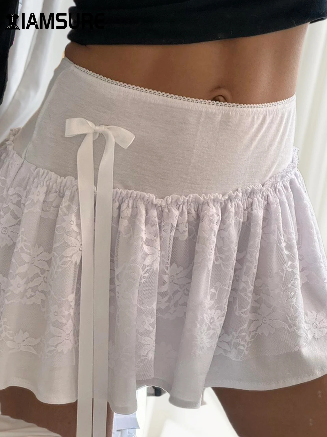 

IAMSURE Sweet Patchwork Lace A-Line Pleated Skirt Casual Slim Basic Mid-Waisted Mini Skirts Women 2024 Summer Fashion Streetwear