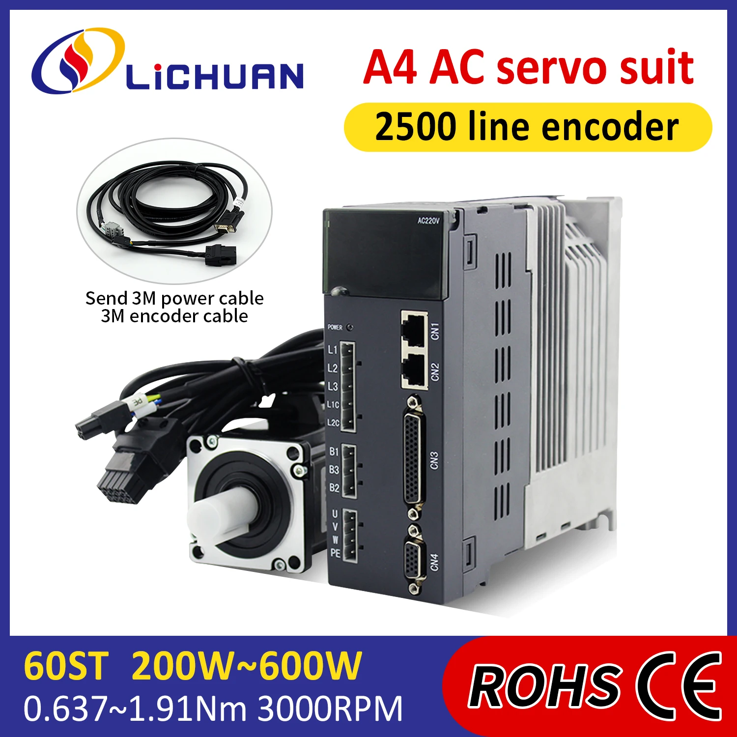 Lichuan A4 220V 1.5/2.8/3.5A 200/400/600W AC Servo Motor Controller Kit 3000rpm 0.637/1.27/1.91N.m AC Servo Motor Drivers Kit