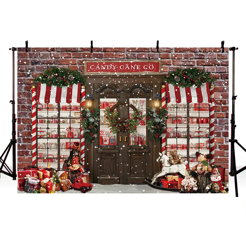 Mehofond Photography Background Winter Snow Christmas Brick Wall Candy Gift Shop Kid Family Portrait Decor Backdrop Photo Studio