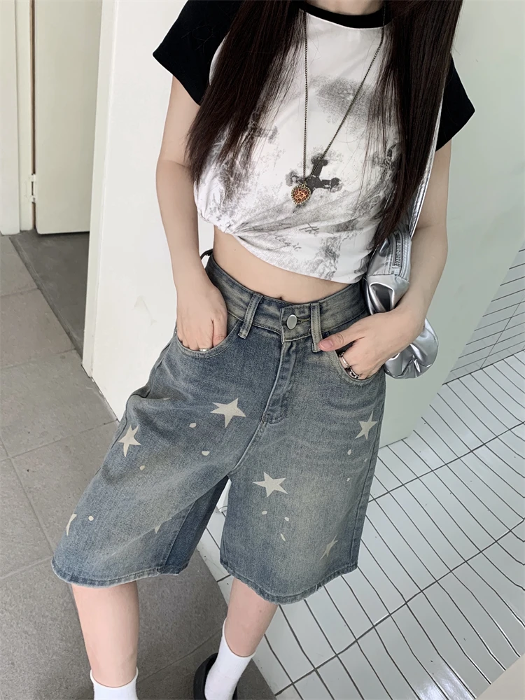 Women's Retro Style Star Print Denim Shorts Summer Quarter Bottoms Wide Leg Capris Female High Waist Straight Kenn-length Jeans