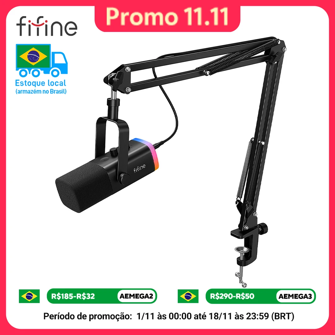 FIFINE-Kit de Microfone XLR Dinâmico com Braço Boom para Mixer,Gaming USB Mic Set, RGB, Controle de Volume para PC, PS5, PS4, Amplificador, AM8T