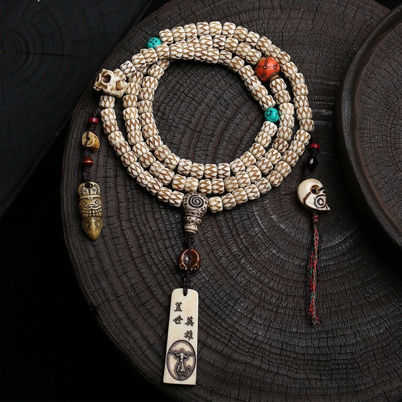 Tibetan-Style Reclaimed Bone Barrel Bead Carving Devouring 108 Buddhist Prayer Beads Yak Bone Three-Way Connector Accessory