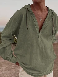 Beach Casual Breathable Cotton Linen Mens Hoodie Vintage Buttoned V Neck Long Sleeve Hoodies For Men Fashion Loose Hooded Tops