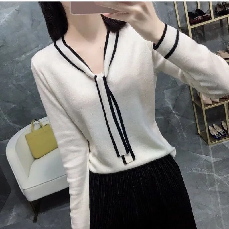 Autumn Winter Casual Bow Tie Knitted Women Sweater Tops Elegant Office Lady Loose Slim V Neck Long Sleeve Warm Solid Pullovers