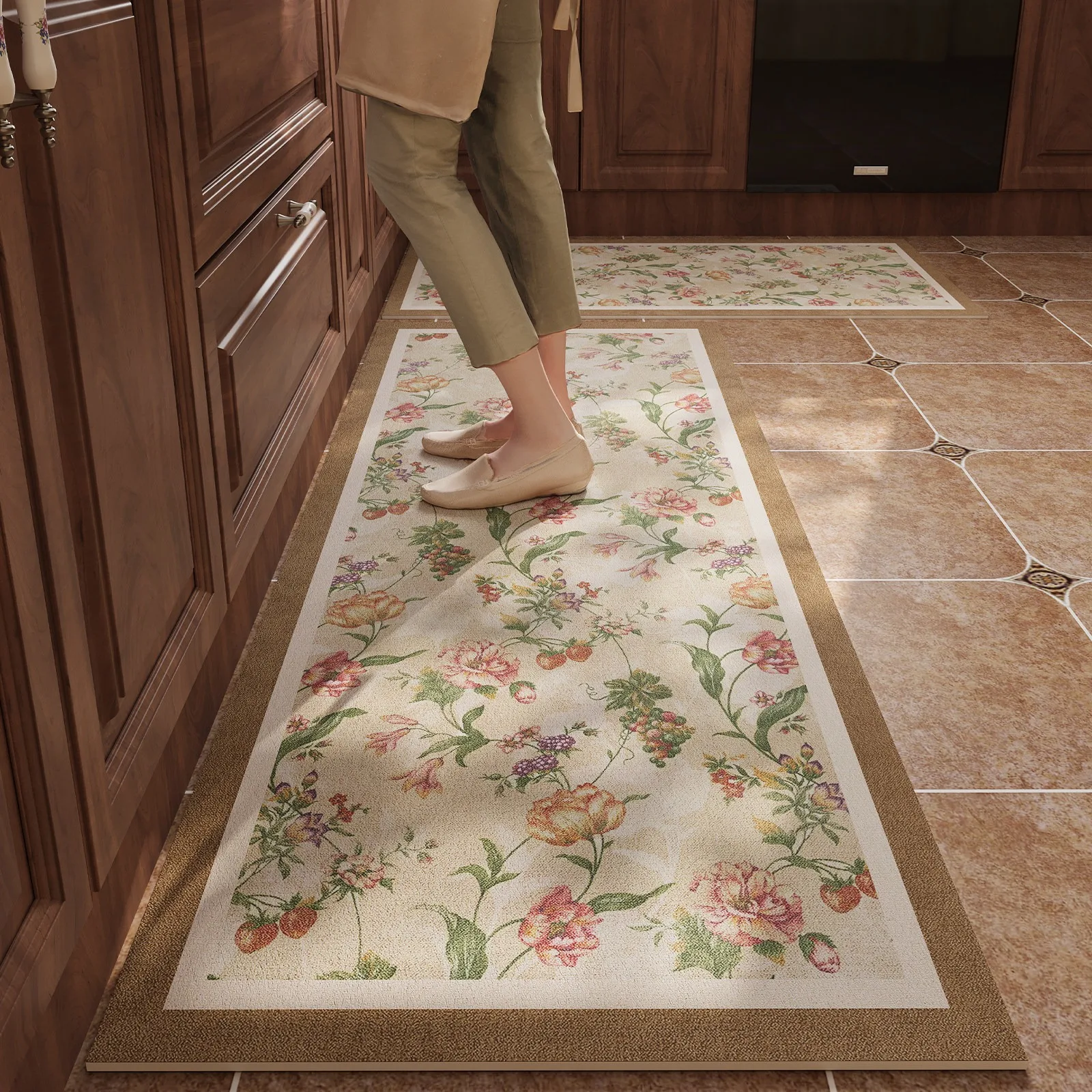 Kitchen Carpet Anti-slip Mats Vintage Floral Long Strip Runner Rugs Home Decoration PVC Leather Washable Mat Alfombras De Cocina