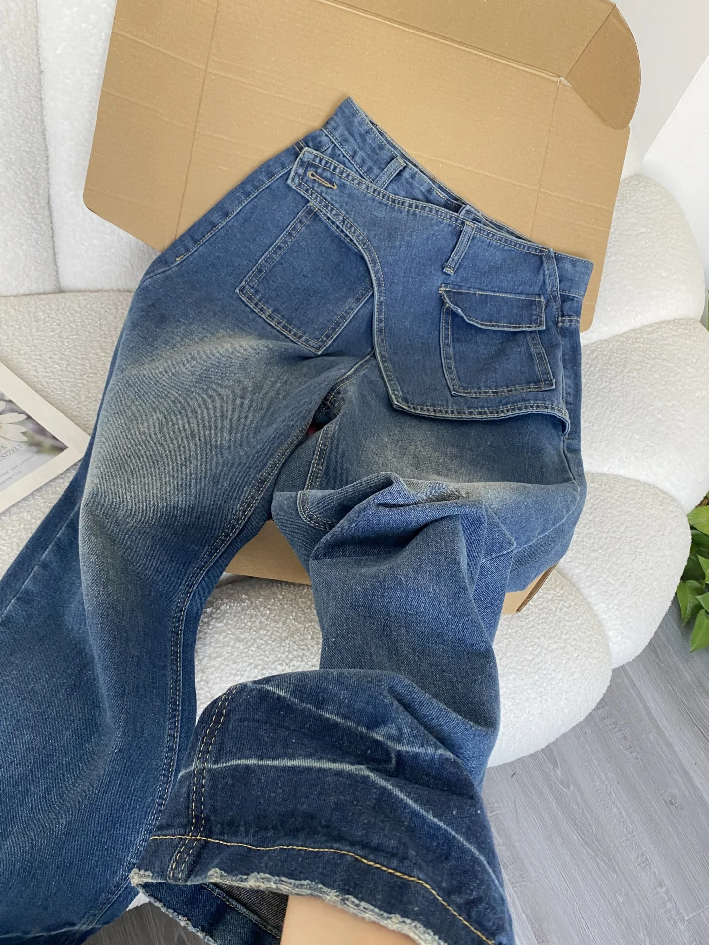 American Style Blue High Street Straight Leg Jeans Irregular Personalized Fashion Pants 2025 Autumn/Winter New Women's Jeans
