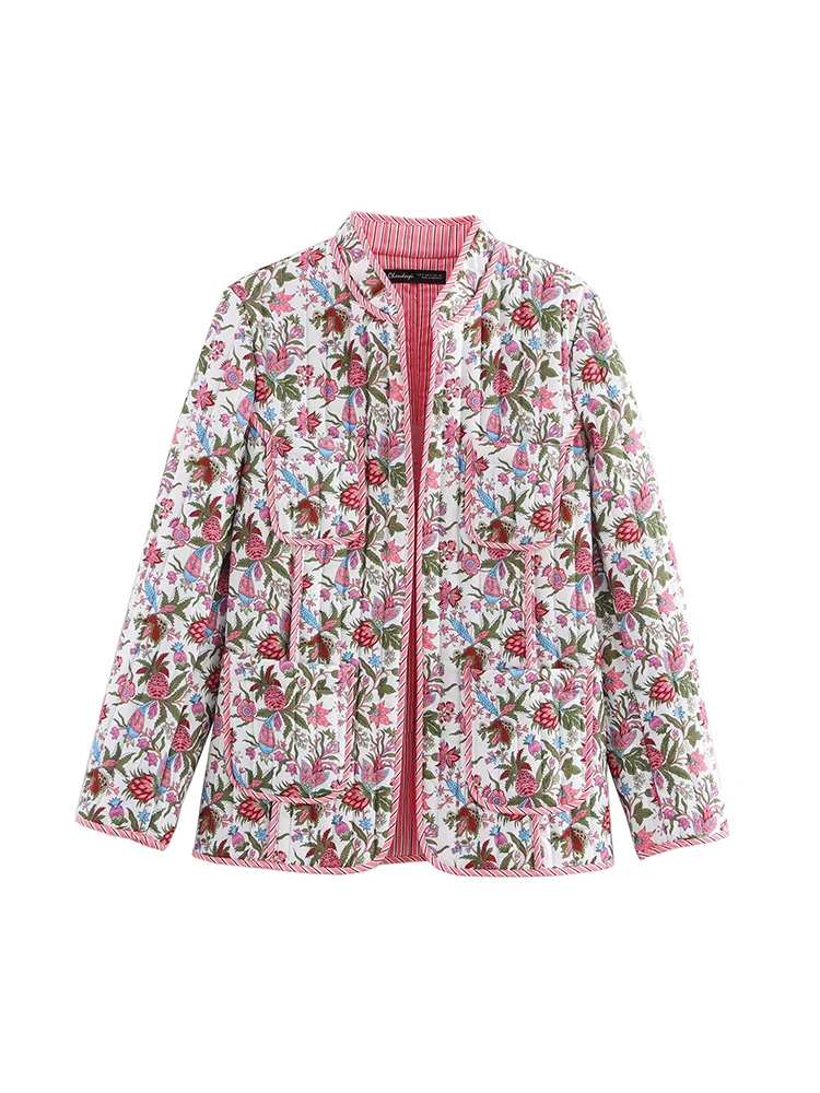 2024 autumn new women\'s retro floral print stand collar long sleeve pocket decoration quilted cotton jacket