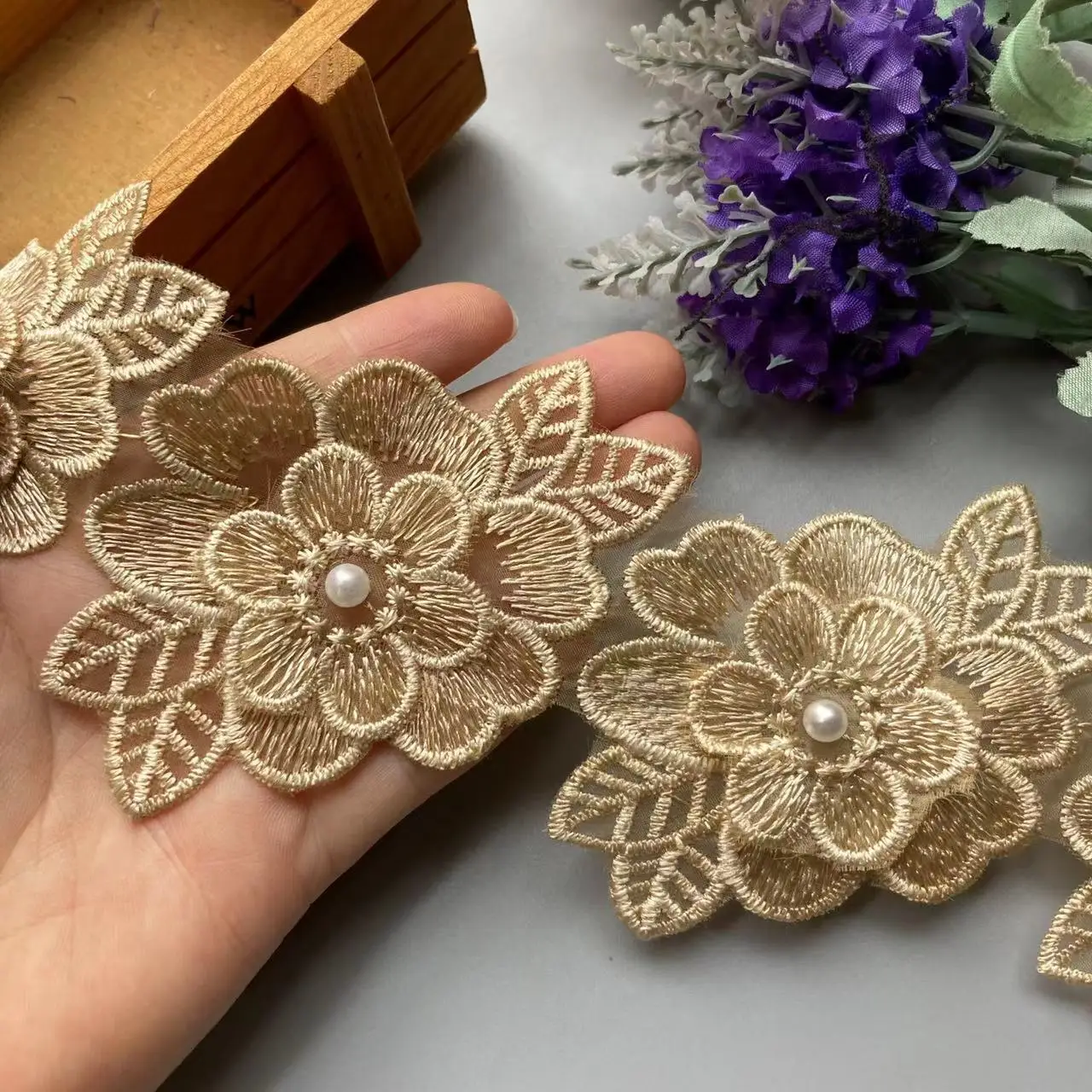 1 yard Gold Pearl Beaded Embroidered Flower Lace Trim Floral Applique Patches Fabric Sewing Craft Vintage Wedding Dress