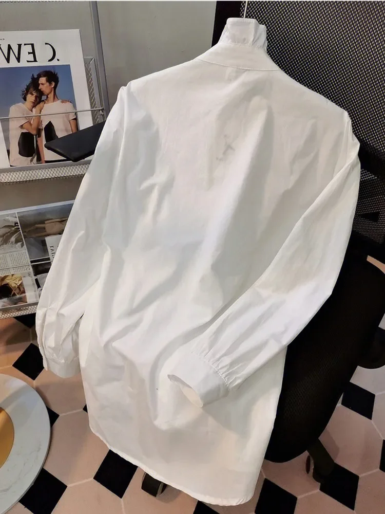 Beautiful Luxury Stand Collar Diamond Beaded Shirt For Women Long Sleeve Autumn Winter Fashion White Blouse