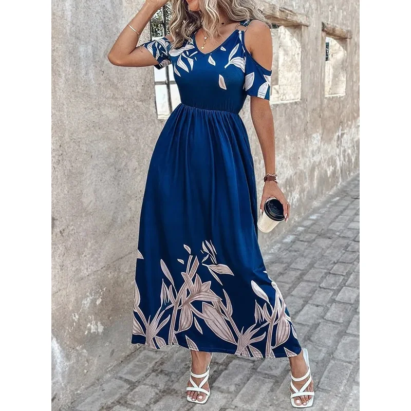 여름 여성 프린트 드레스 패션 섹시 V넥 반팔 오프숄더 캐주얼 엘레강스 맥시 드레스 여성 클럽웨어 캐주얼 드레스