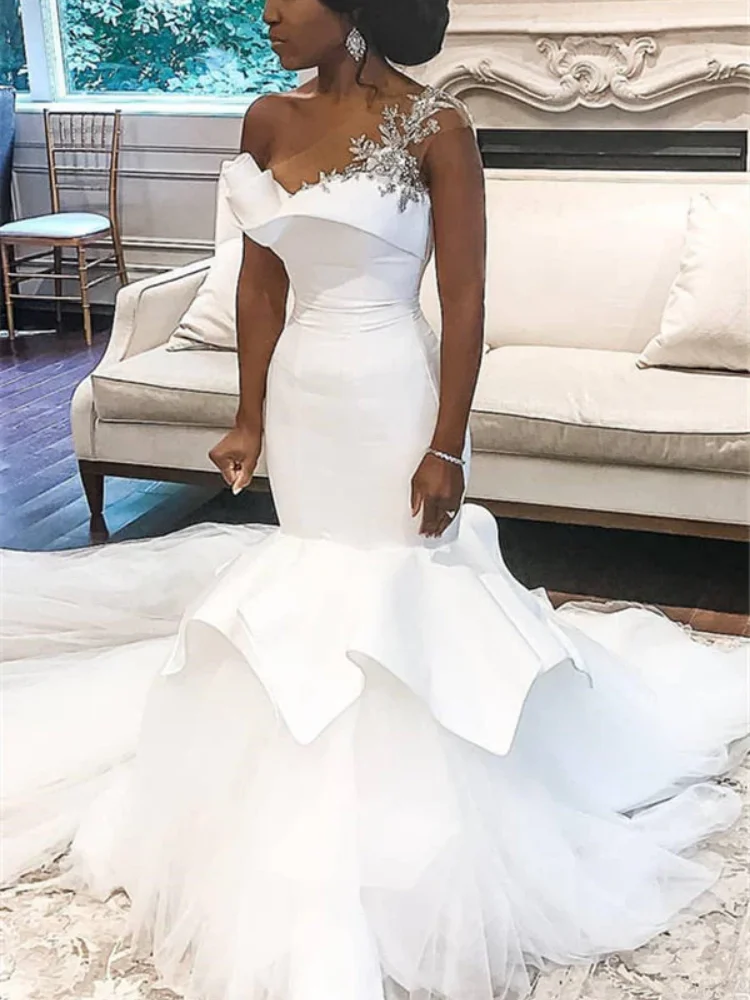 

2025 Arabian plus Size Customizable Mermaid Wedding Dress Robe De Soirée Single Shoulder Evening Gown Beaded Long Tassel