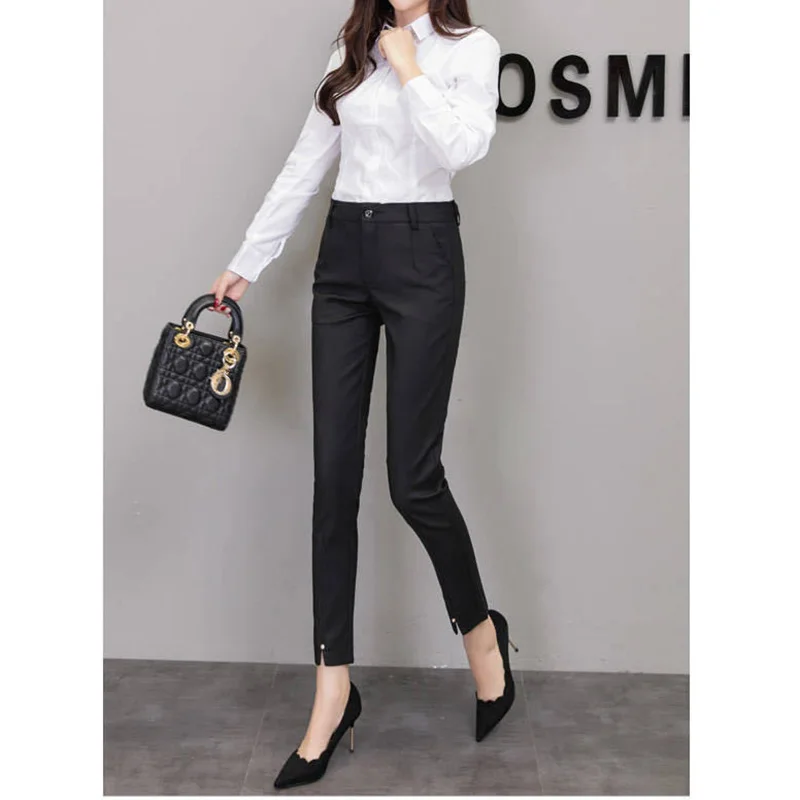 New Nine-point Women\'s Trousers Spring Office Lady Pockets Straight High Waist Rivet Split Black Small Feet Casual Suit Pants