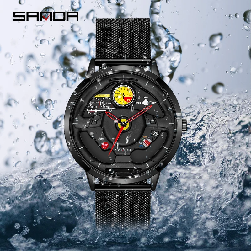 SANDA P1085 New Men\'s Watch Car Steering Wheel Sports Waterproof Stainless Steel Chronograph Quartz  Wristwatch Reloj De Hombre