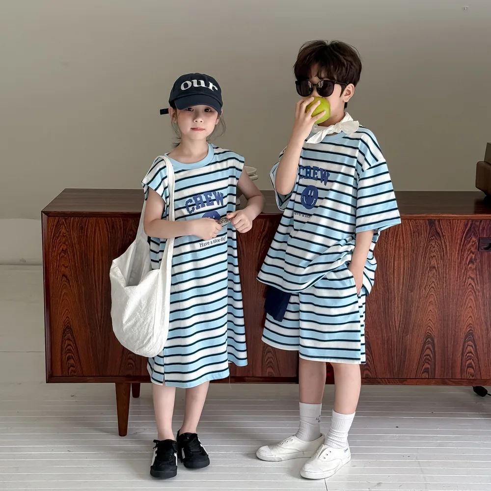 Brother And Sister Clothes 2025 Summer New Boy's Suit Letter T Shirt+ Shorts Two-piece Set Or Girl's Striped Dress