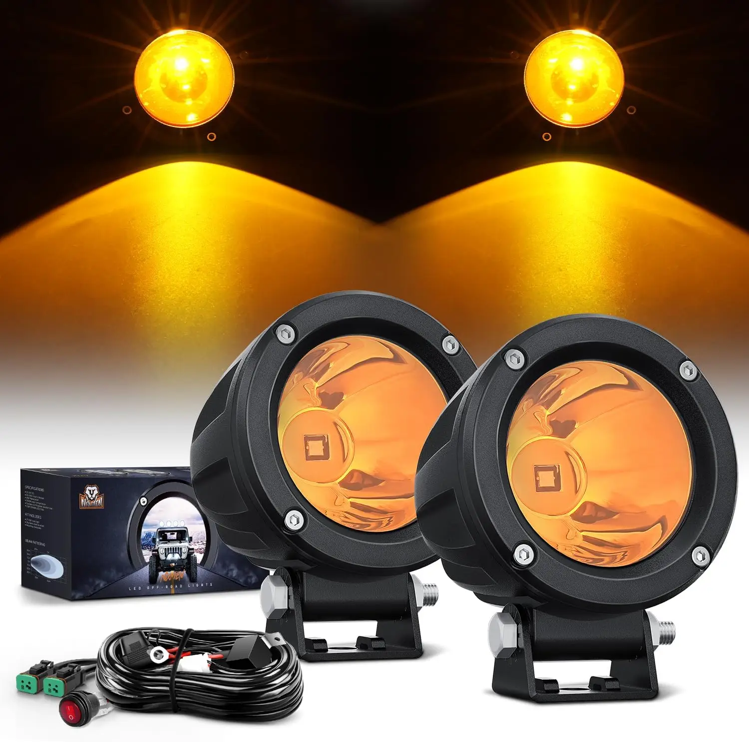 

Motorcycle Led Pods Amber Fog Lights 2PCS 3Inch Yellow round led offroad Built-in EMC Driving Lights Wiring harness Kit