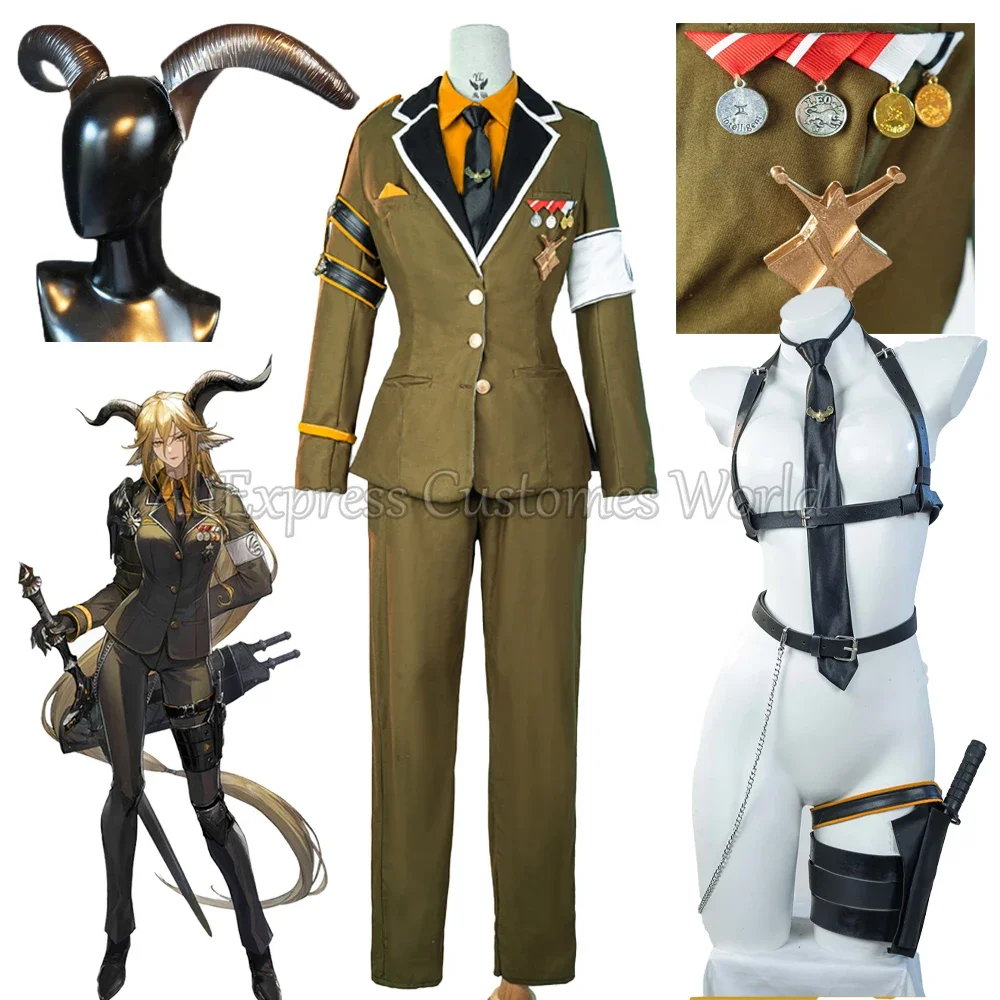 Game Arknights Big Horns DEGENBRECHER Cosplay Costume Black Knight Cosplay Jacket Pants Uniform Cosplay Women Halloween Headwear