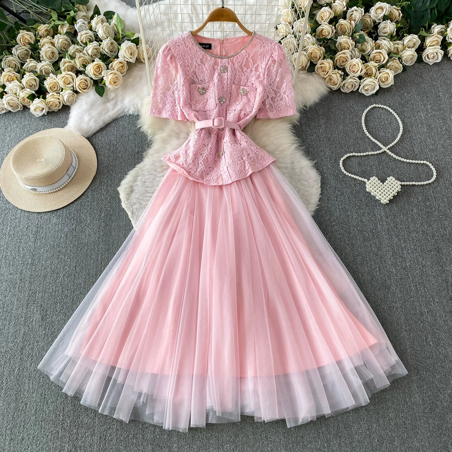 

Luxury Beading Lace Fake Two Pieces Dress For Women Short Sleeve Belted Waist Spliced Mesh Tulle Formal Wedding Party Vestidos
