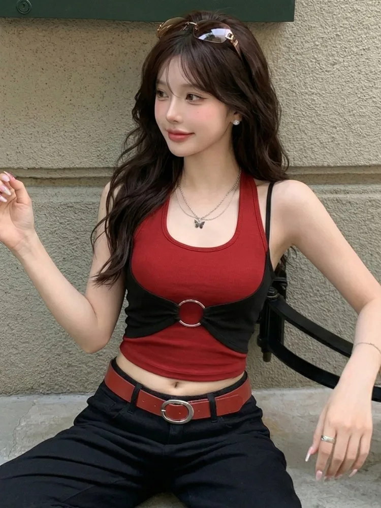 

Sexy Spicy Girl Casual Vacation Crop Top Women's Vest with Chest Pad Summer Fake Two-Piece Backless Neck Hanging Short Shirt