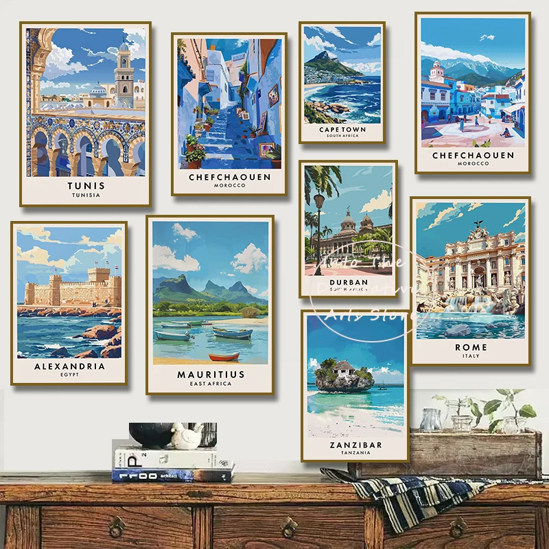 Africa Travel Art Chefchaouen Seychelles Victoria Falls City Landscape Poster Asia Scenery Canvas Art Painting Wall Home Decor