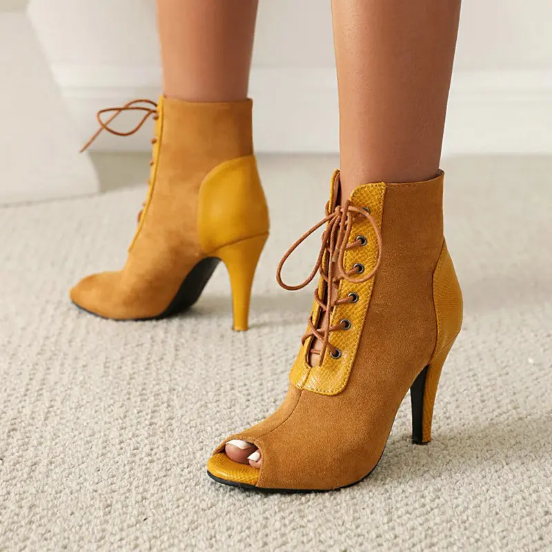 

Yellow Beige Peep Toe Sexy Ladies Summer Shoes Spike High Heels Lace-up Cross-tied Ankle Boots Sandals For Women Big Size 43 10