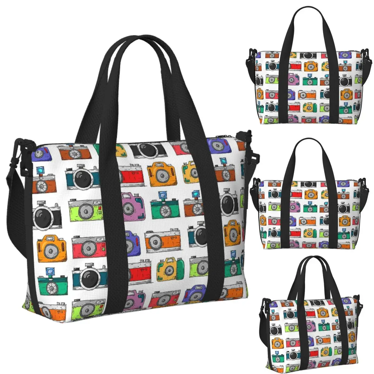 

Custom Retro Camera Beach Travel Bag Large Capacity Tote Bags for Gym Yoga Women Shopping Duffle Shoulder Bag
