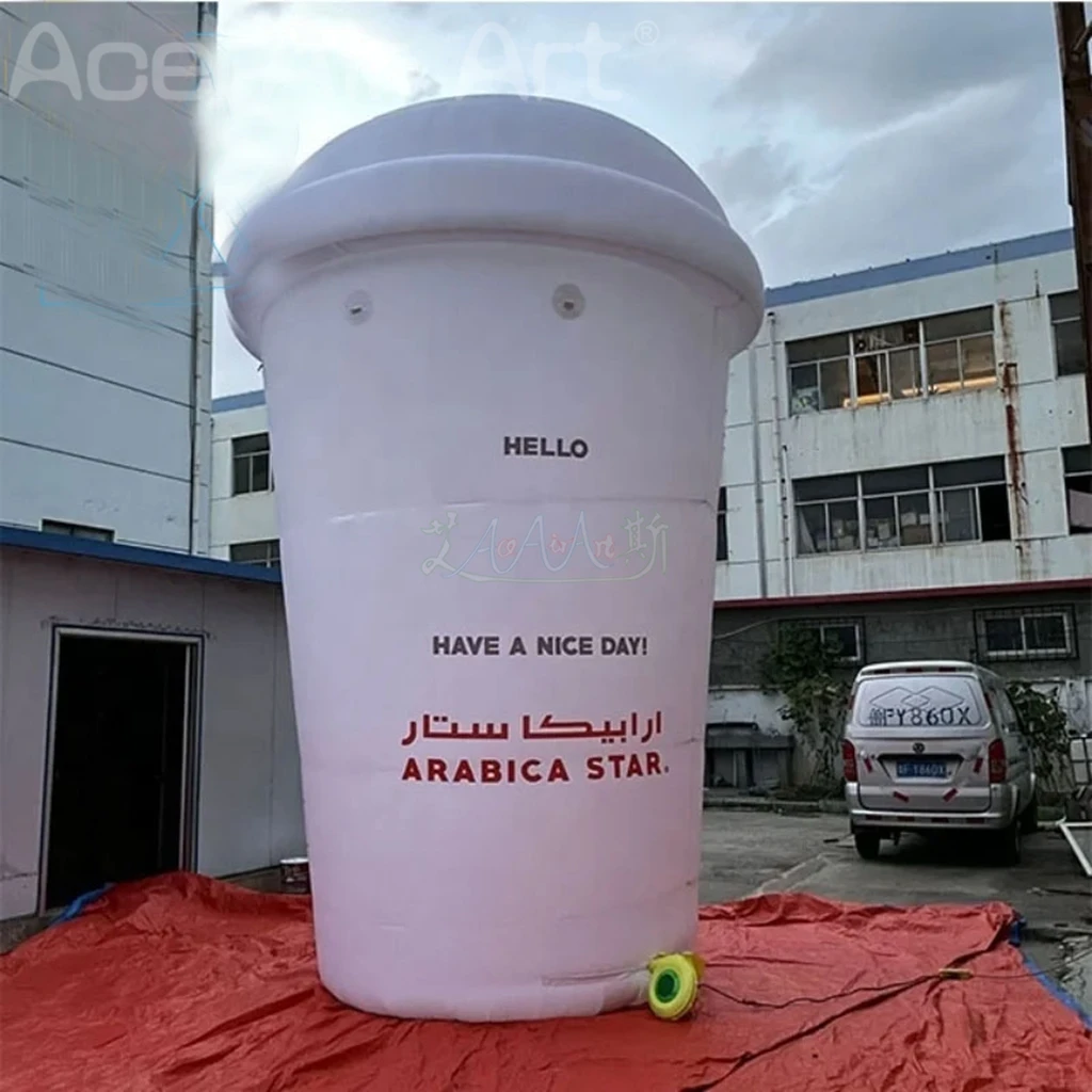 Taza de café inflable gigante con pantalla publicitaria personalizada o de 5mH con iluminación Led para apertura de cafetería, modelo de producto inflable