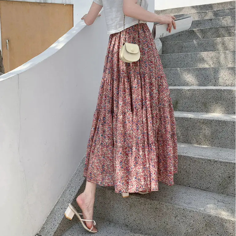 2024 Spring and Summer New Floral Half Skirt Women's Chiffon Casual A-line Skirt Hundred Pleated Mid Length Skirt E814