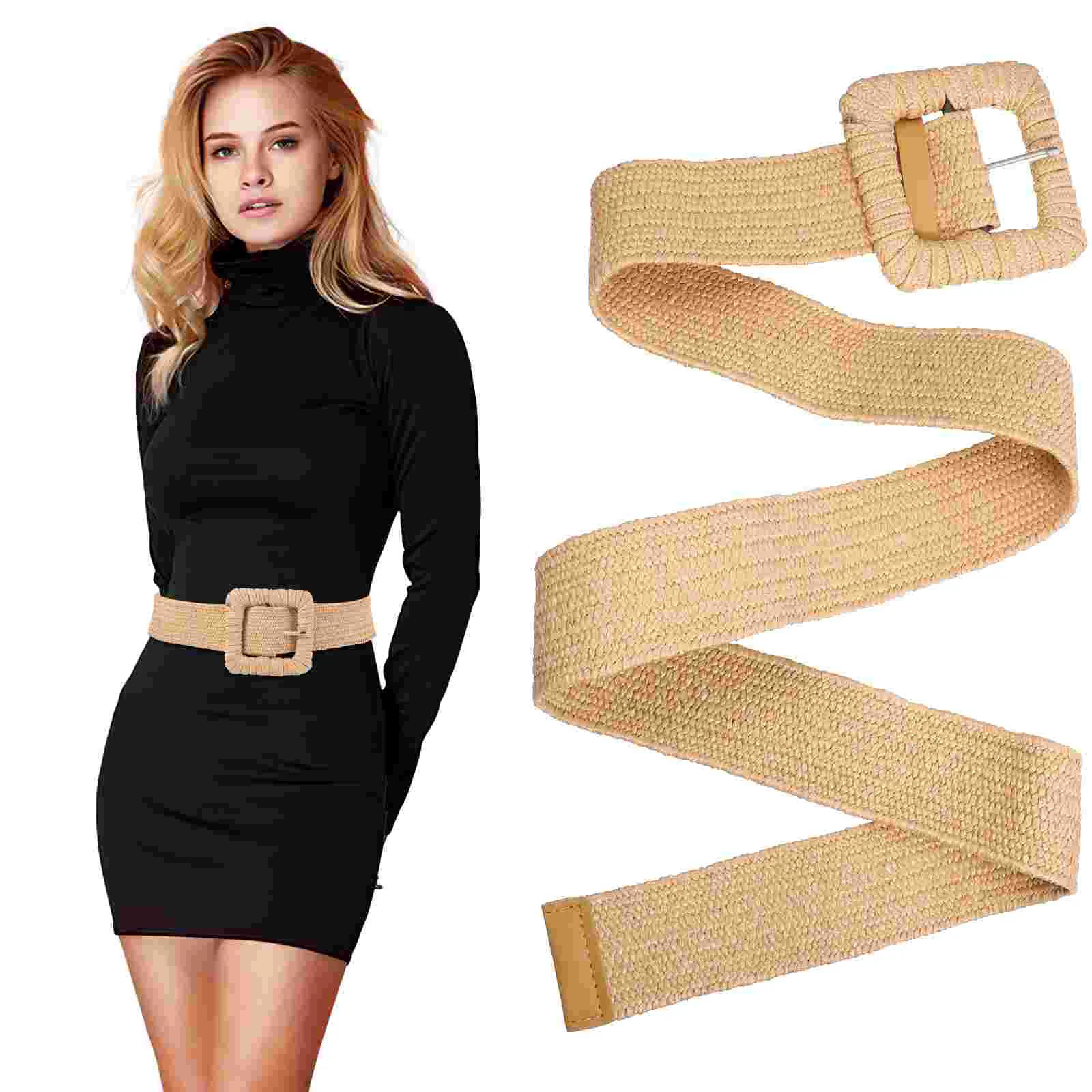 

Braided Belt Women Dress Stretch Square Buckle Belts For Trendy Waist Boho Woven Ladies Dresses Band